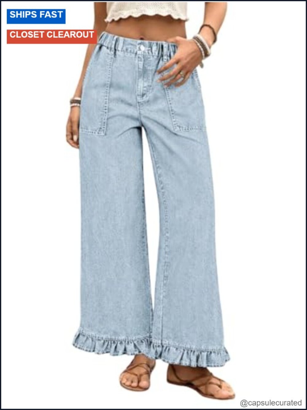 Wide Leg Jeans Ruffle Hem Women High Rise Elastic Waist Baggy Denim Pants